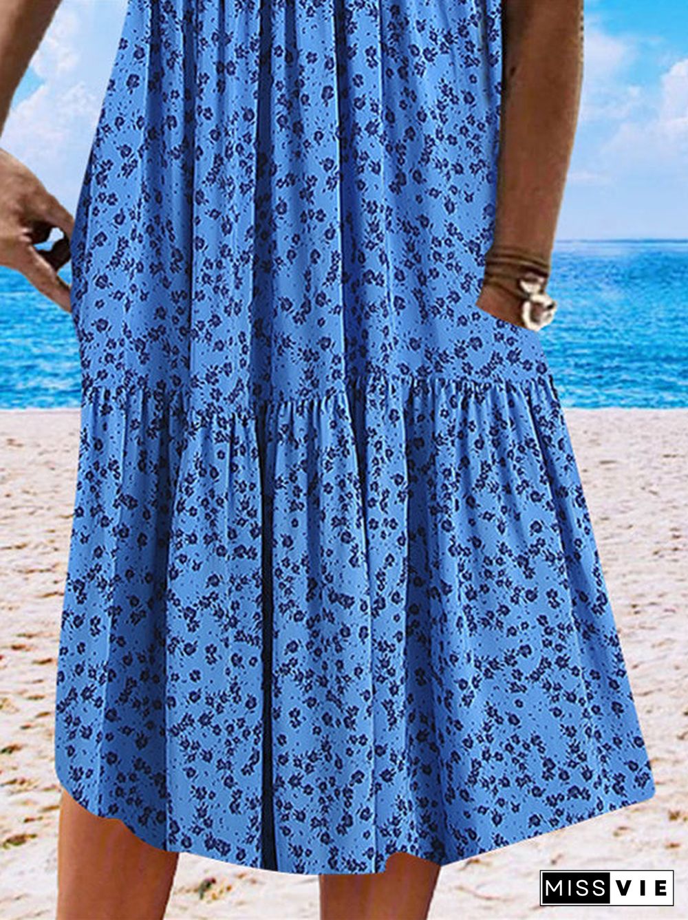 Women's Blue Sleeveless V-neck Graphic Floral Printed Midi Dress