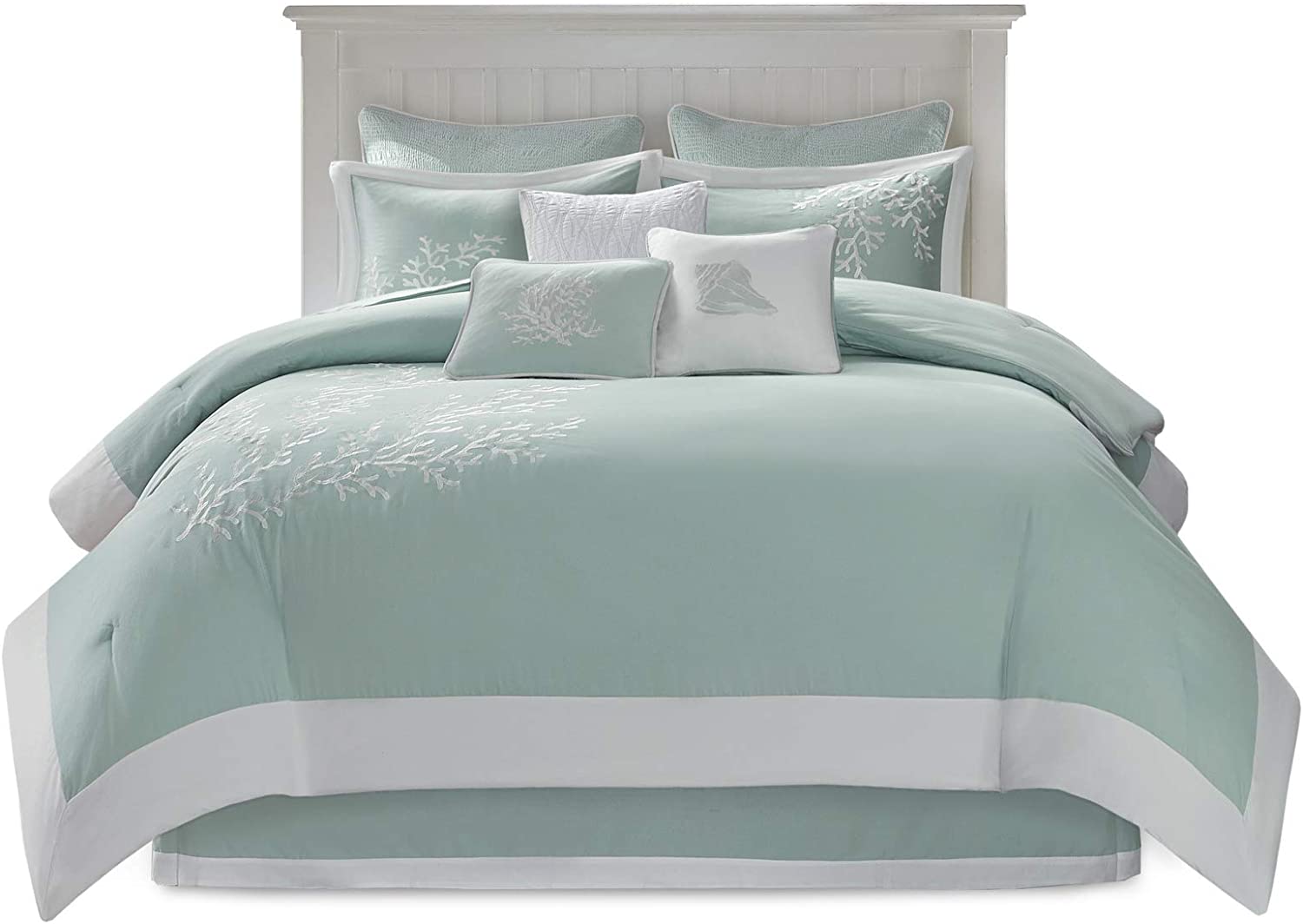 BBNBDMZ Cotton Comforter Set - Coastal Oceanic Sealife Design  All Season Down Alternative Bedding with Matching Shams  Bedskirt  King(110&#34;x96&#34;)  Coastline  Coral Aqua  4 Piece