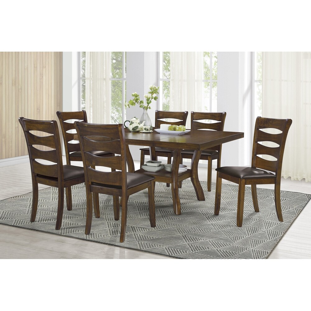 Diningroom 7 Piece Dining Set with Butterfly Leaf Dining Table and Faux Leather Ladder Back Side Chairs   Storage Shelves  Brown