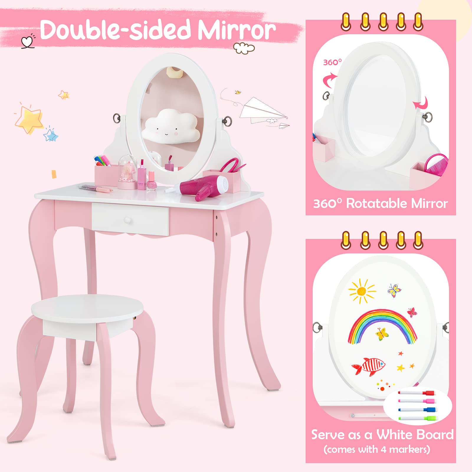 Costzon Kids Vanity Set, 2 in 1 Princess Makeup Dressing Table