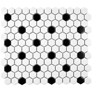 Merola Tile Metro Hex Matte White with Black Dot 10-14 in. x 11-78 in. Porcelain Mosaic (8.6 sq. ft.Case) FDXMHMWD