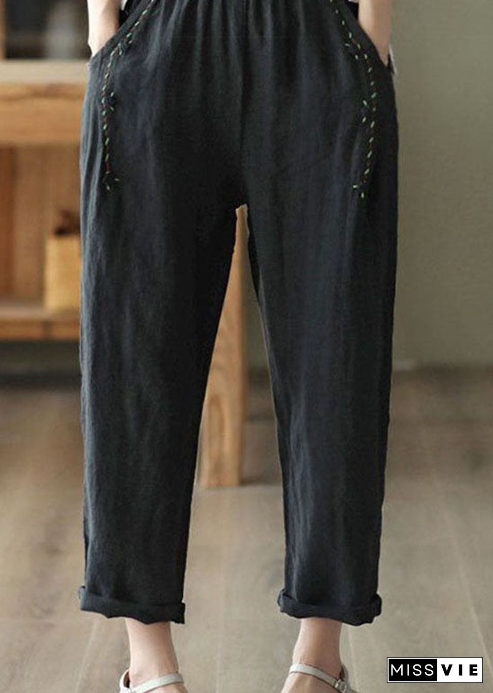 Vintage Black PocketsPatchwork Linen Pants Summer