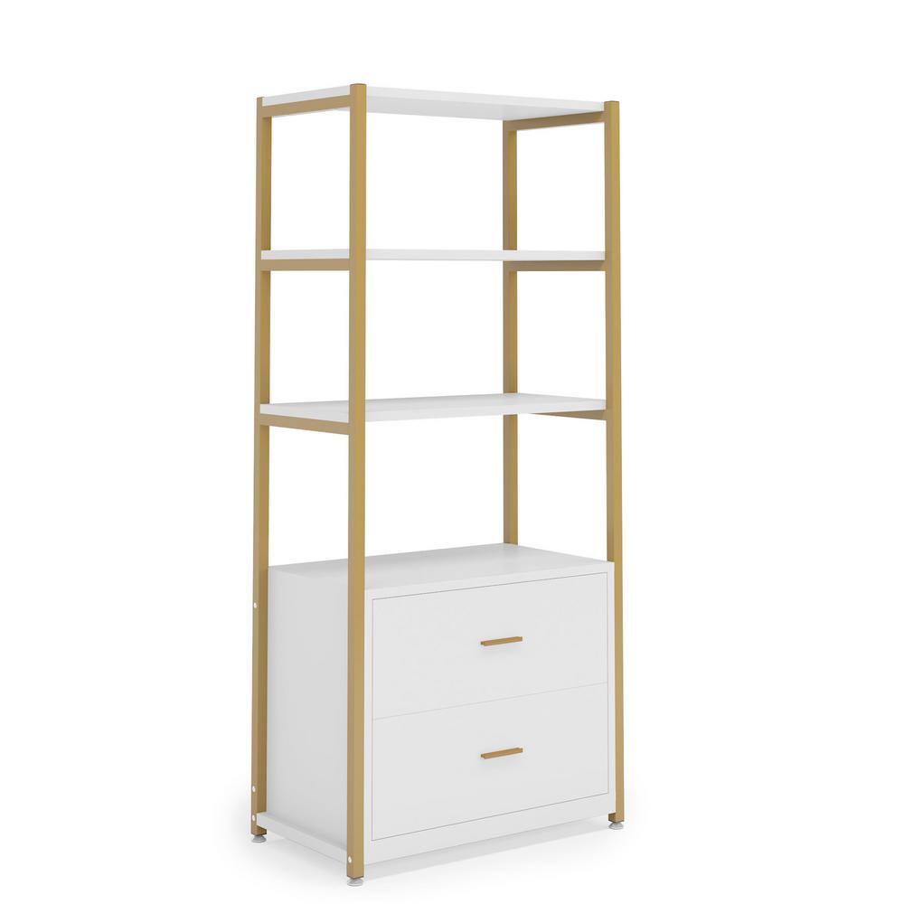 TRIBESIGNS WAY TO ORIGIN Kaduna 23.6 in. Wide White and Gold 4-Shelf Etagere Bookcase with 2-Drawers HD-F1568-WZZ