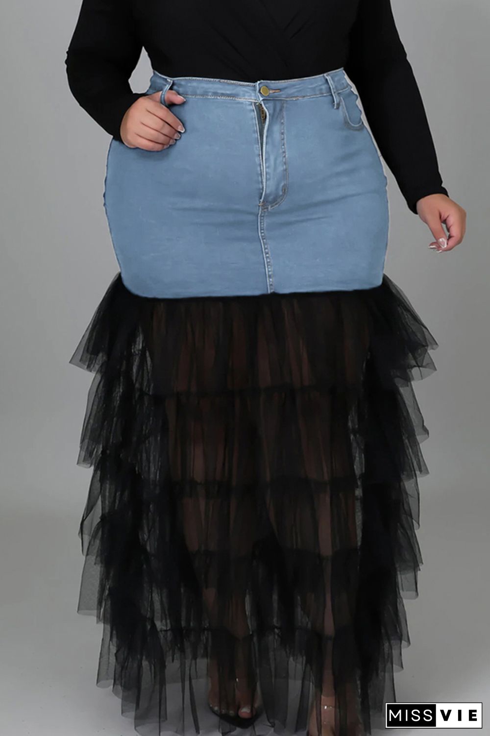 Deep Blue Fashion Solid Patchwork Flounce Plus Size(The Stitching On The Skirt Is Yellow)