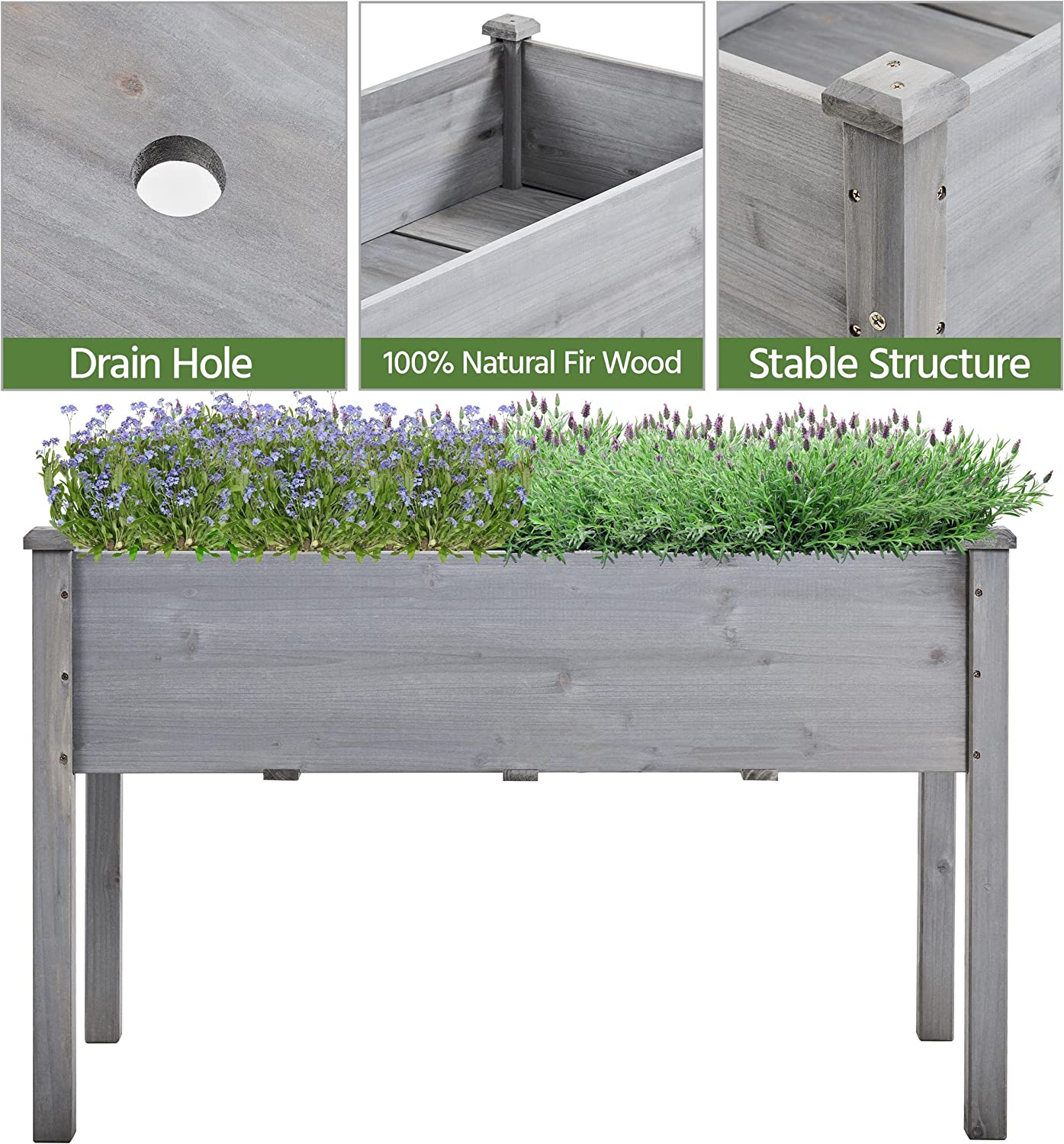 Raised Planter Bed  with Legs Elevated Wood Flower Boxes Standing with Stable Rectangle Structure for Vegetables Flowers Herbs Planting, Gray