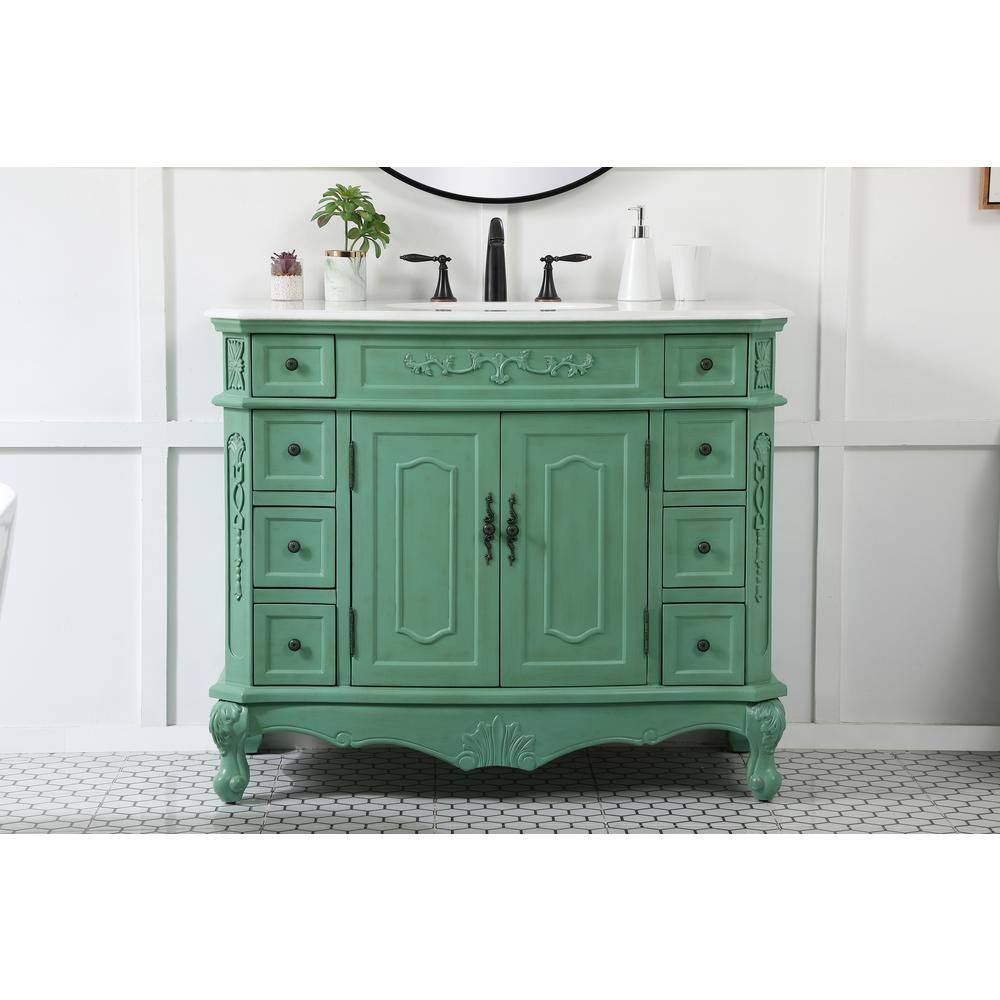 Timeless Home 42 in. W Bath Vanity in Vintage Mint with Marble Vanity Top in White and Brown Vein with White Basin TH20242HDVM