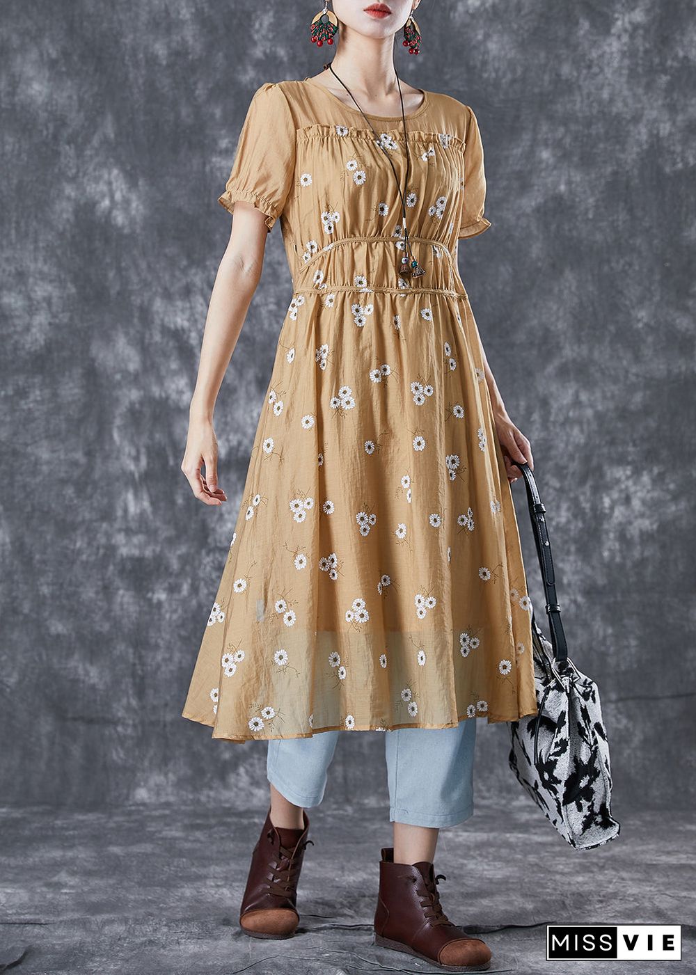 Vogue Khaki Puff Sleeve Patchwork Print Wrinkled Chiffon Dress Summer