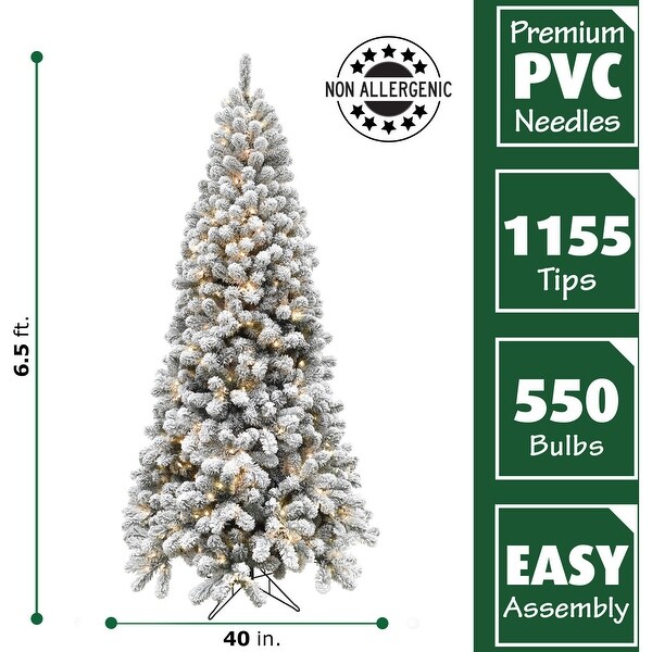 Fraser Hill Farm 6.5Ft. Flocked Pine Christmas Tree，Clear LED