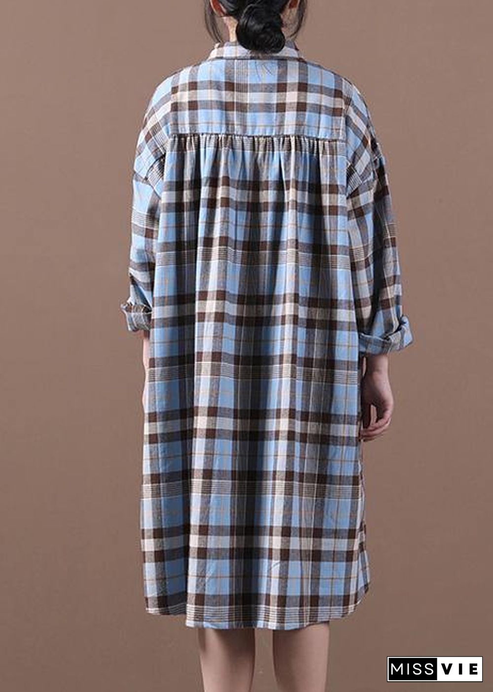 Modern lapel Cinched spring Long Shirts Work Outfits blue plaid Dresses