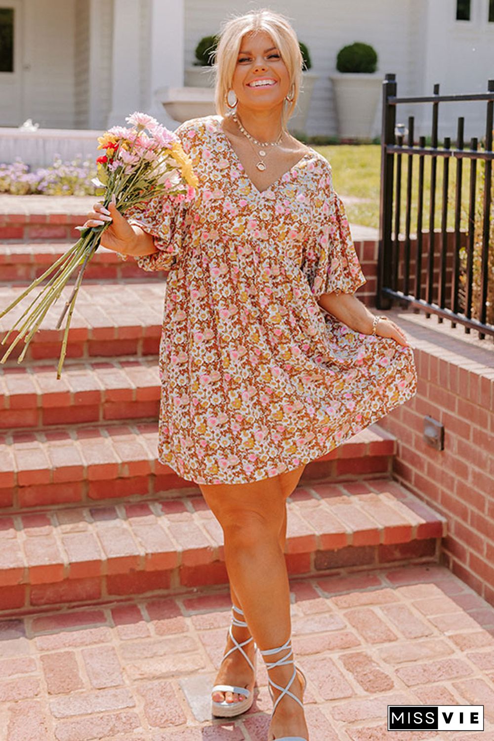 Multicolor Plus Size Floral Print Puff Sleeves Dress