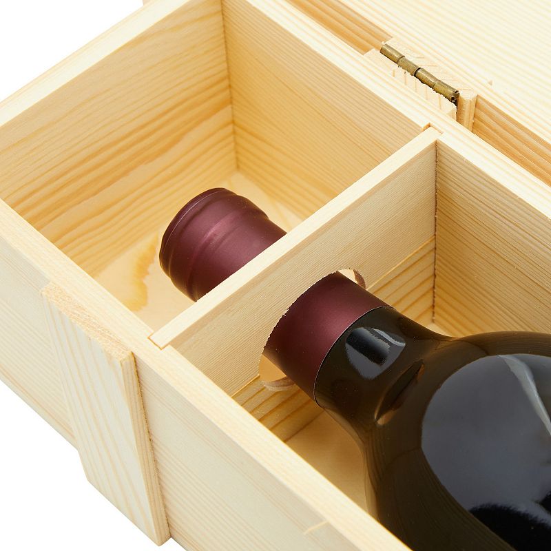 Wooden Wine Crate with Hinged Clasp for Single Bottle， Pinewood VINO Gift Box (13.8 x 4 x 3.9 In)