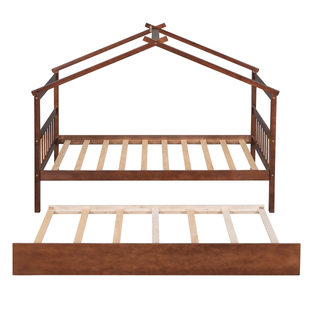 Twin Imaginative House Daybed with Headboard for Kids Girls Boys  Wooden Storage Platform Bedframe w/Trundle   Sky Roof  Walnut