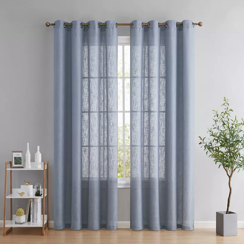 THD Serena Faux Linen Textured Semi Sheer Privacy Sun Light Filtering Transparent Window Grommet Long Thick Curtains Drapery Panels for Bedroom and Living Room， Set of 2