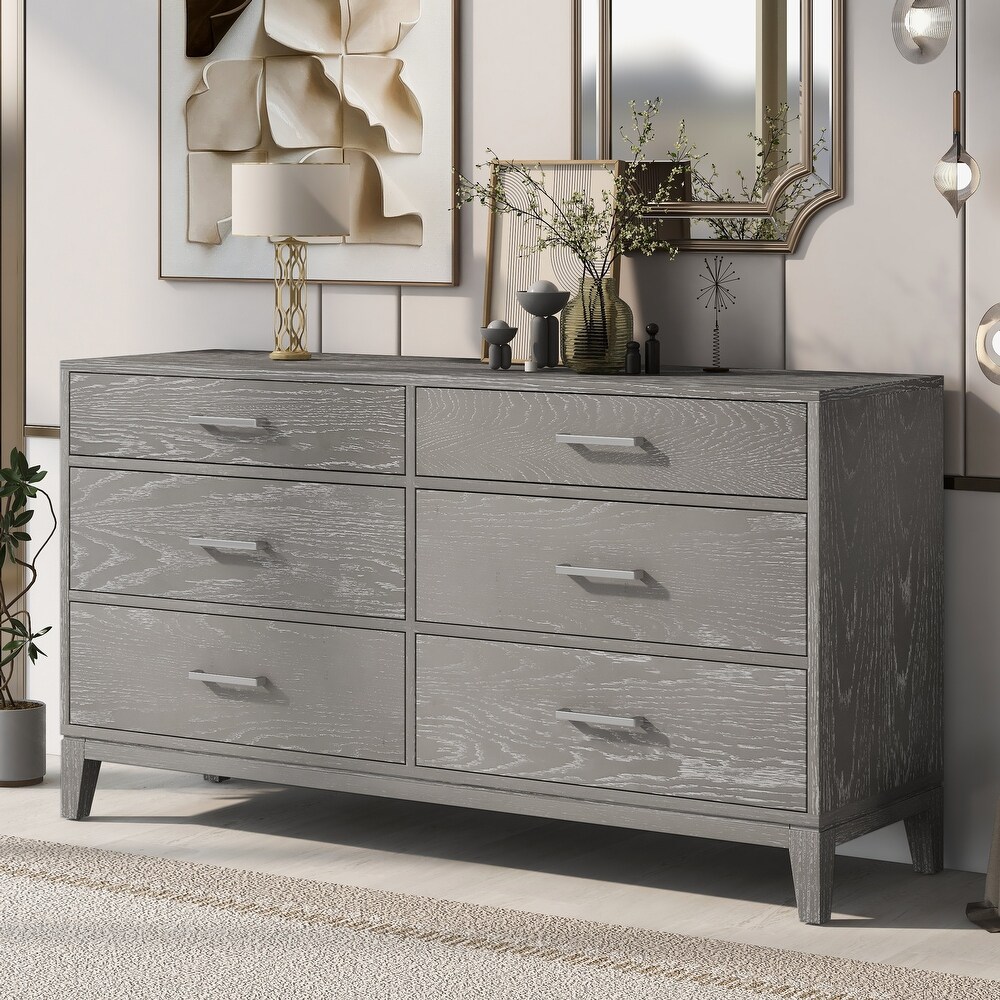 Gray Modern Gray Grain 6 Drawer Dresser with Tapered Legs and Smooth Gliding Drawers