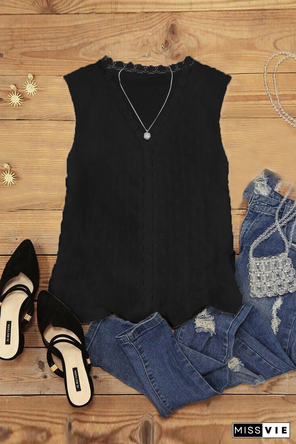 Black Crochet V Neck Textured Tank Top