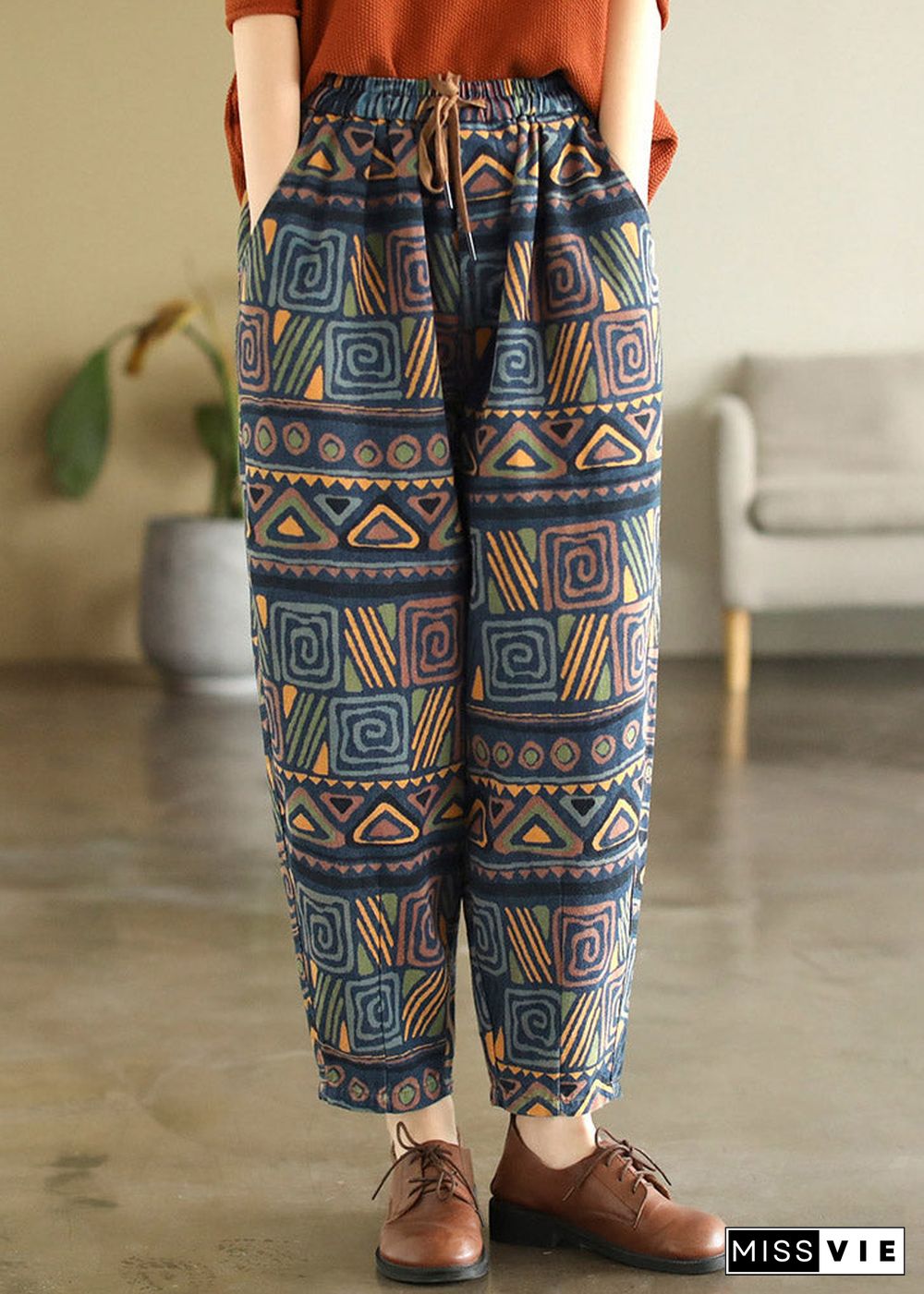 Bohemian Print Tie Waist Cotton Beam Pants Summer