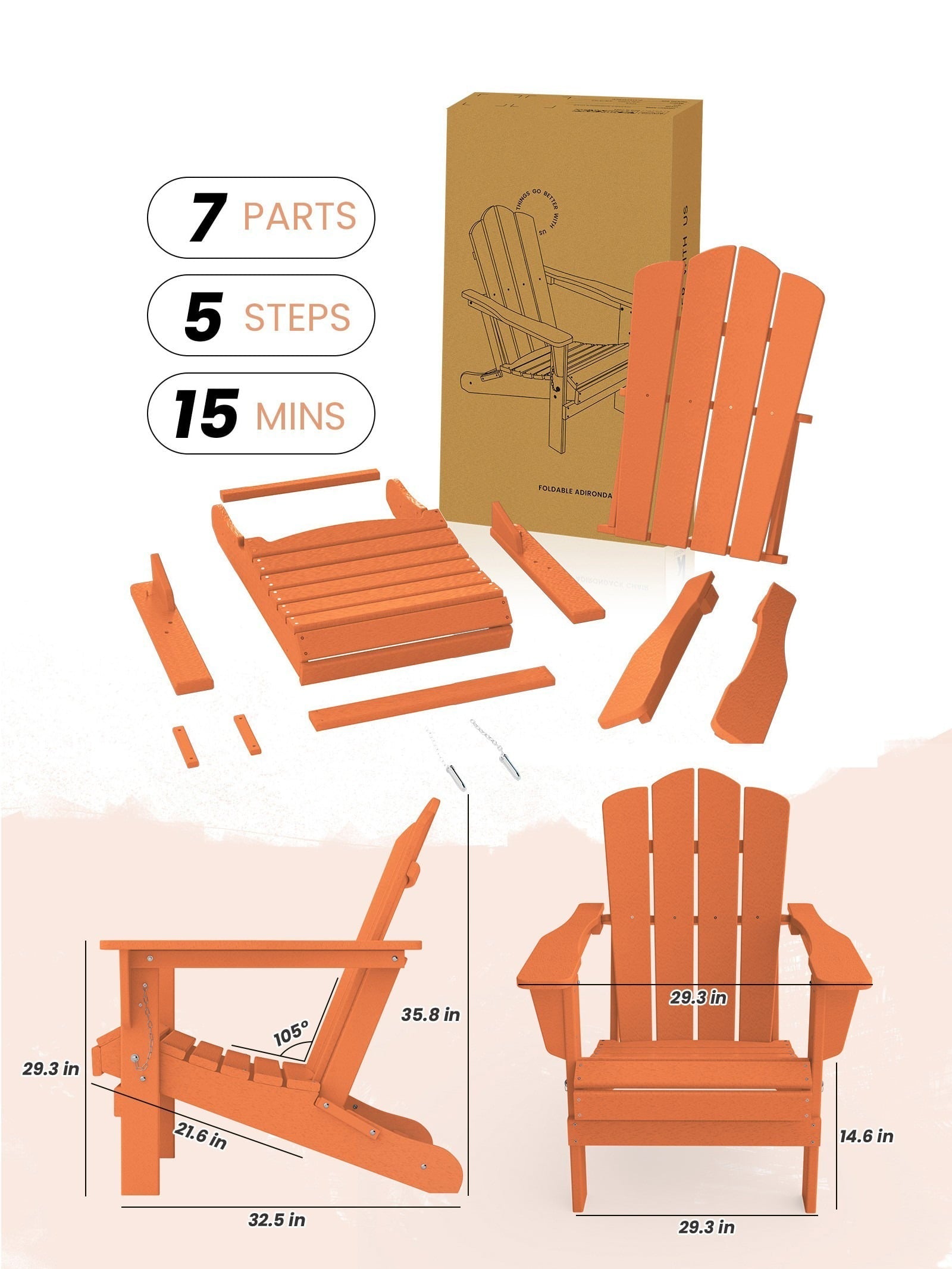 Folding Outdoor Patio Adirondack Plastic Chair for Garden, Orange