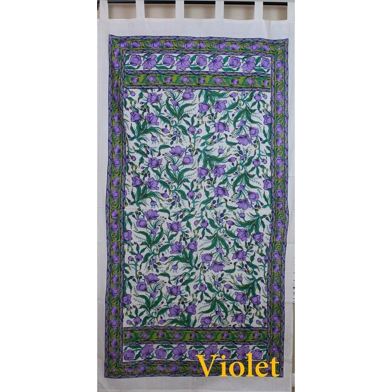 Handmade French Floral Tab Top Curtain 100% Cotton Drape Door Panel in Ivory Blue Black Amber   Violet   44 x 88