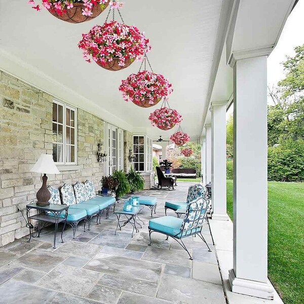 Artificial Silk Flowers Hanging Baskets Outdoors，Chrysanthemum with Eucalyptus Leaves in Metal Coconut Lining Flowerpot