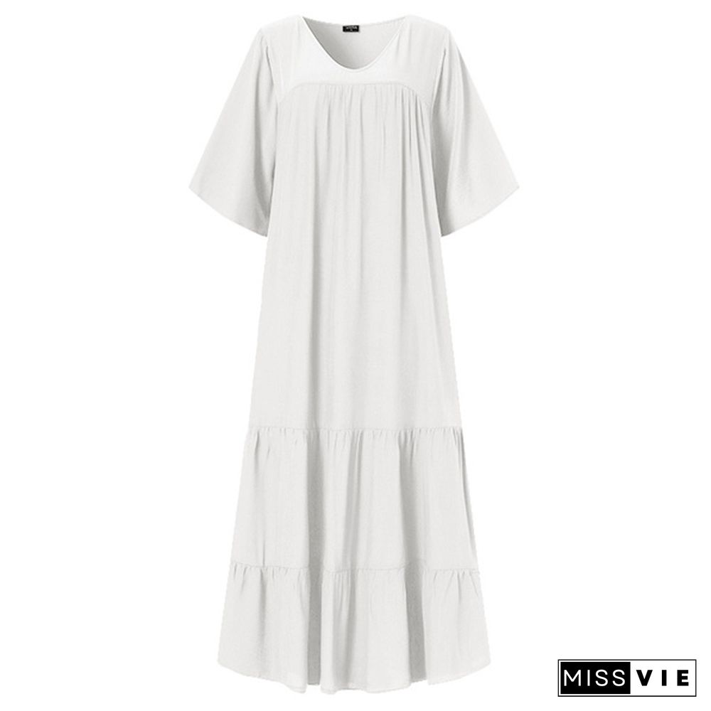 Women's Fashion Maxi Dress Casual Short Sleeve V Neck Loose Pleated Tunic Dress Kaftan Dress Kleid Plus Size