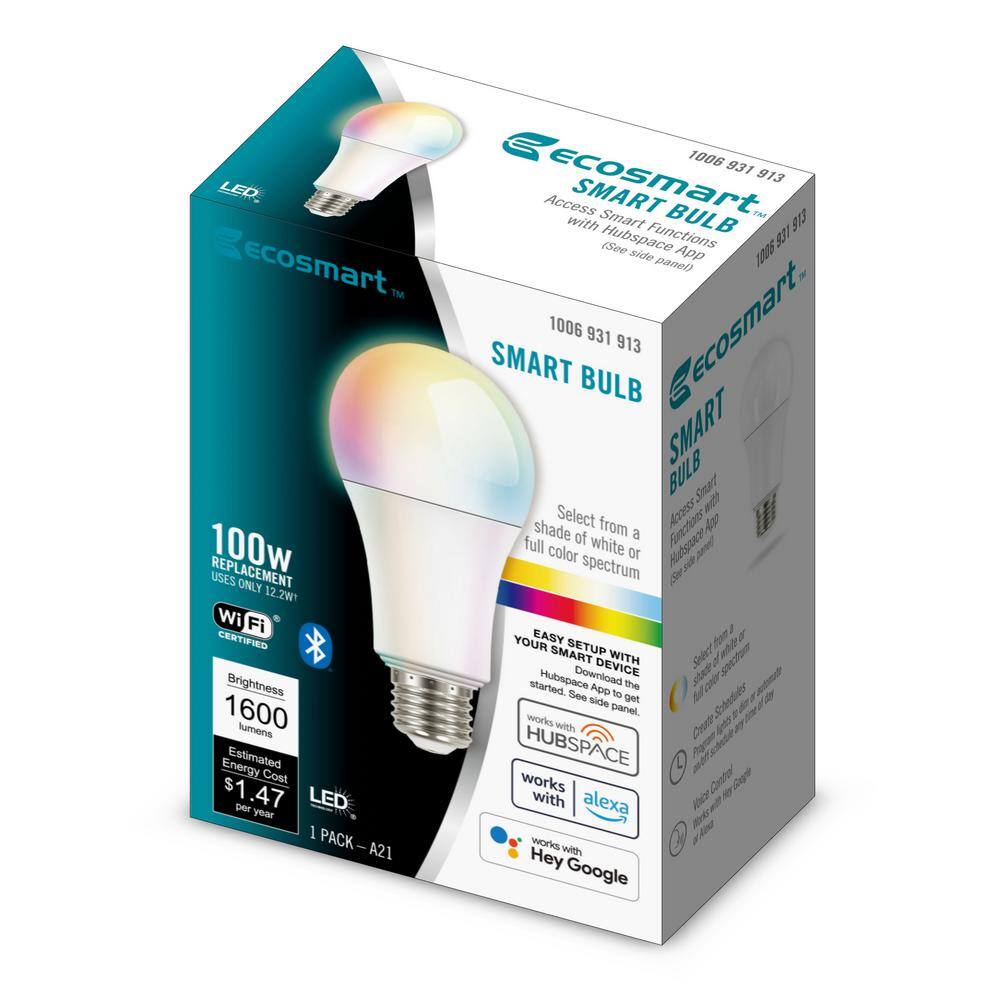 EcoSmart 100-Watt Equivalent Smart A21 Color Changing CEC LED Light Bulb with Voice Control (1-Bulb) Powered by Hubspace 11A21100WRGBWH1