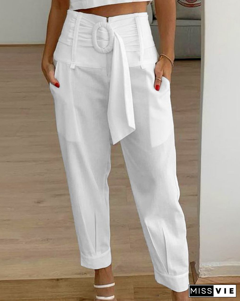 Women's Solid Color Casual Pants with Belt