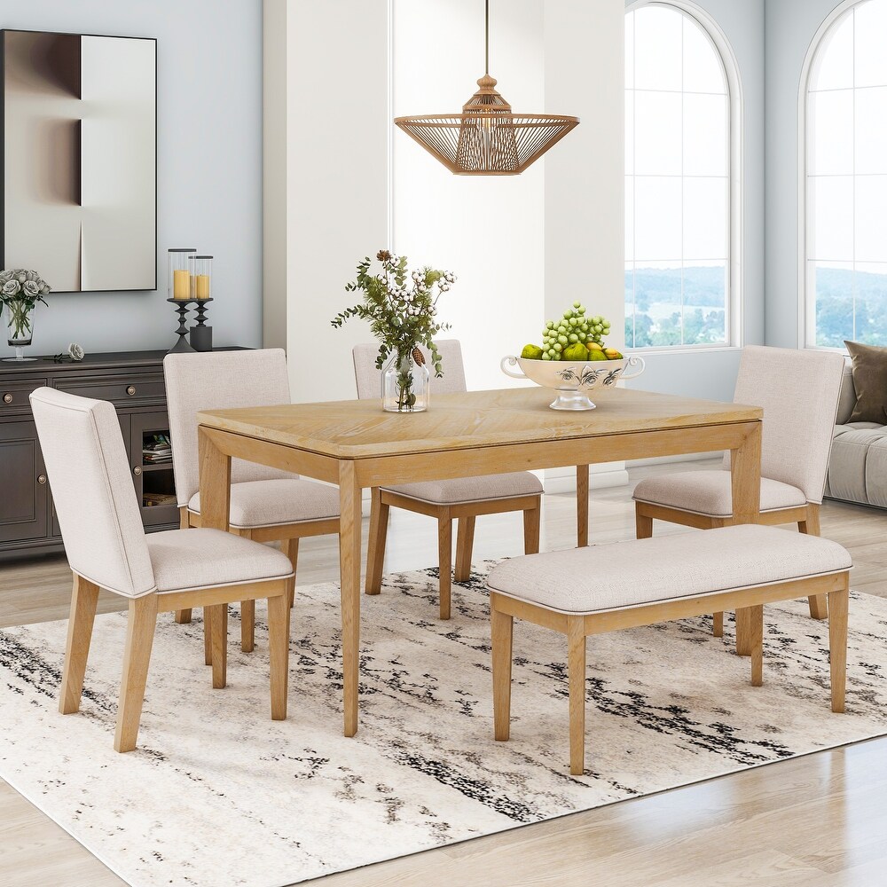 6 Piece Dining Wood Table Set with 4 Upholstered Dining Chairs and Bench  60\