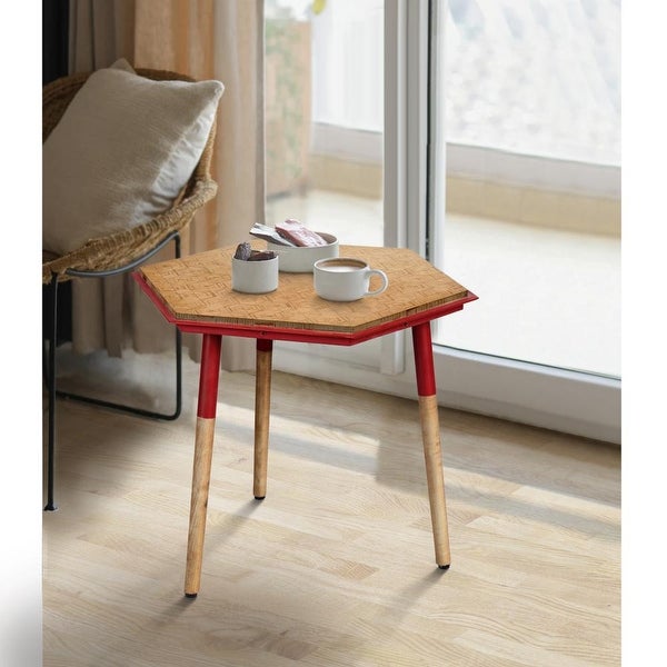 Paige 18 Inch Hexagon Illusion Wood Side Table， Brown， Red - 17.9