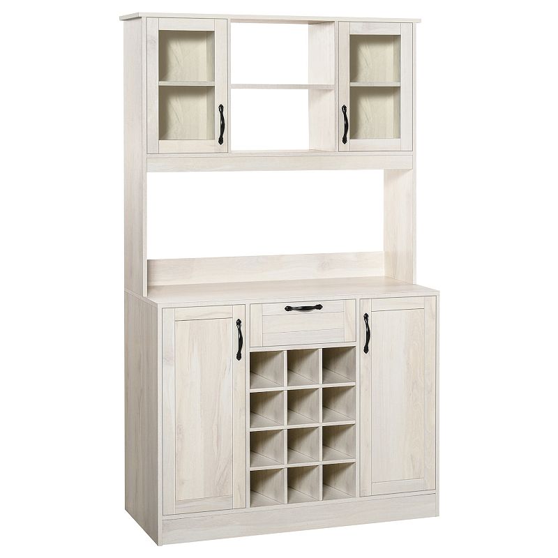 HOMCOM Kitchen Buffet with Hutch Cupboard with Utility Drawer 4 Door Cabinets  and Optional 12 Bottle Wine Storage White