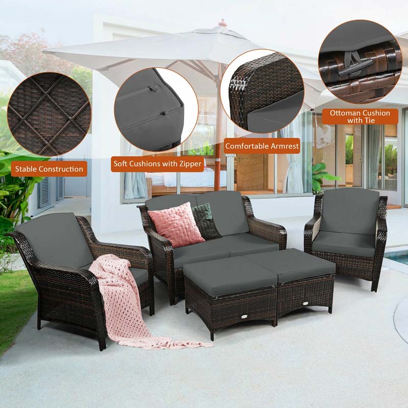 5 Pcs Rattan Wicker Patio Furniture Set with Loveseat, Single Sofas & Ottomans, Outdoor Conversation Sets