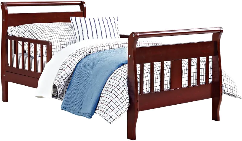 Sleigh Cherry Wood Toddler Bed with Safety Guardrails