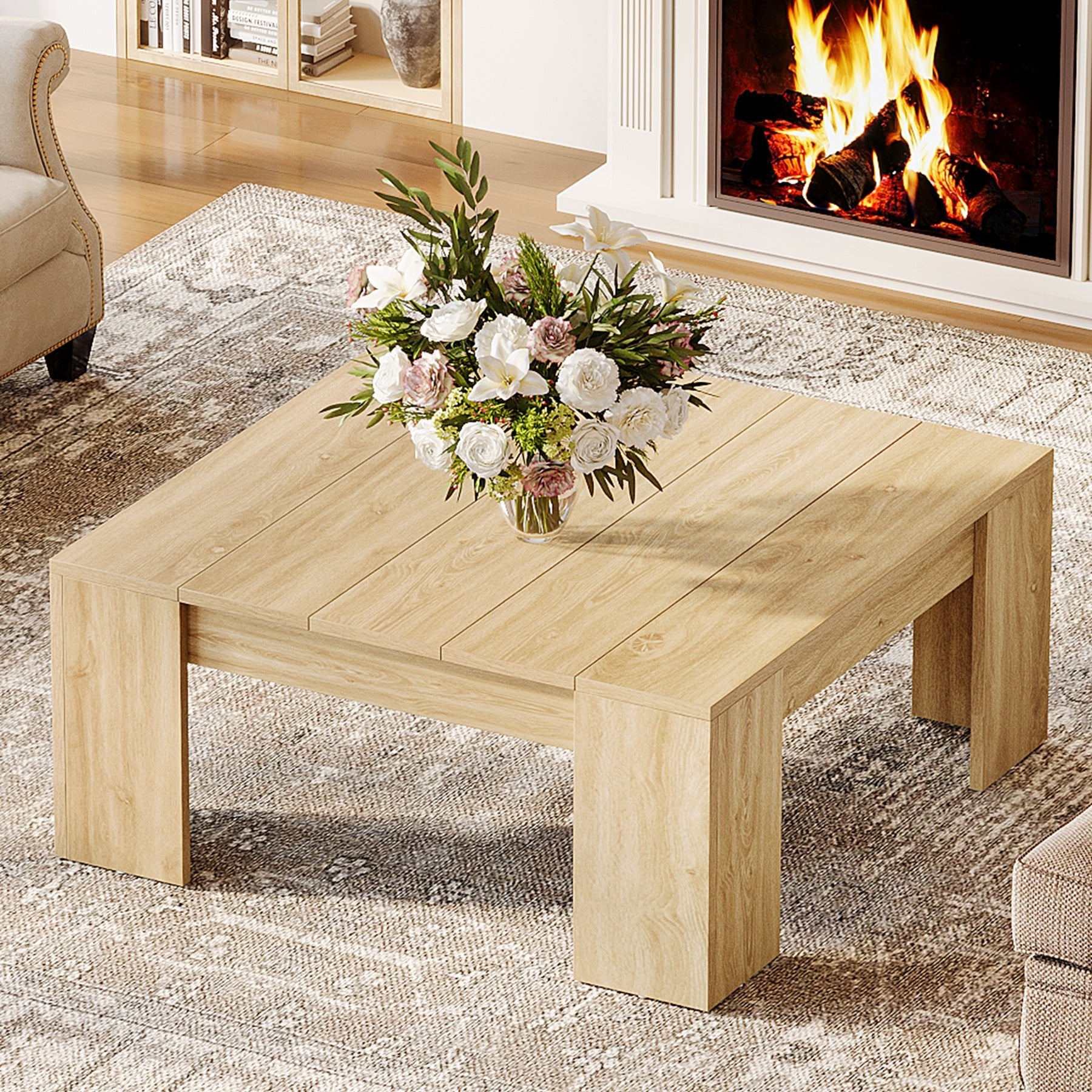 38.8 Square Coffee Table, Wood Center Table Snack Table