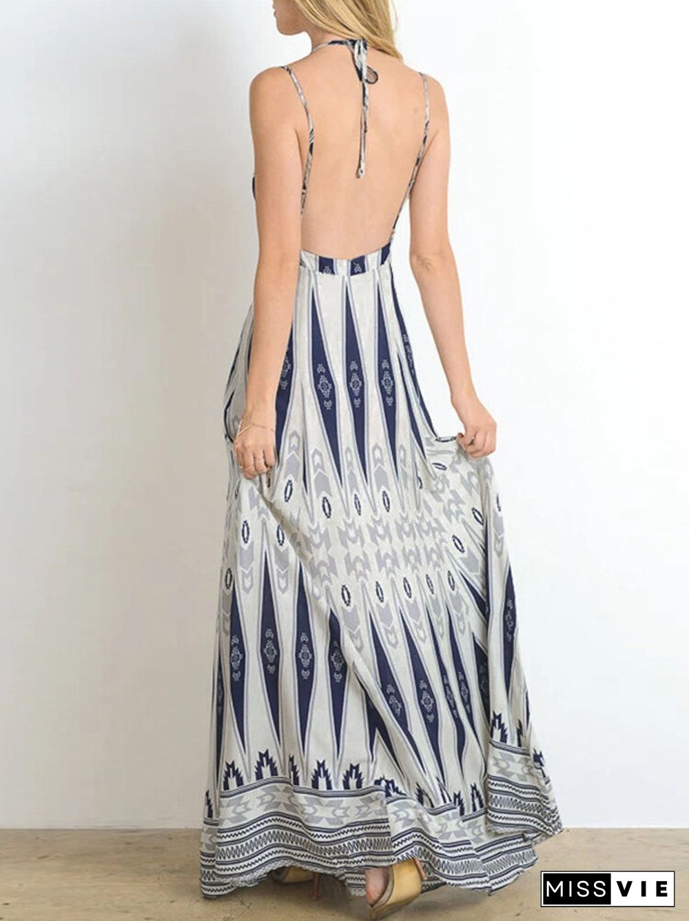 Tribal Geo Print Tie Spaghetti Strap Open Back Maxi Dress