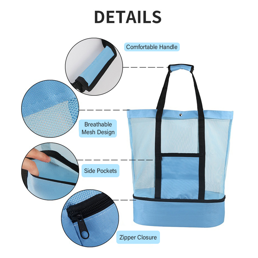 Large Mesh Beach Bag Tote Insulated Reusable Picnic Lunch Bag For Outdoor Camping