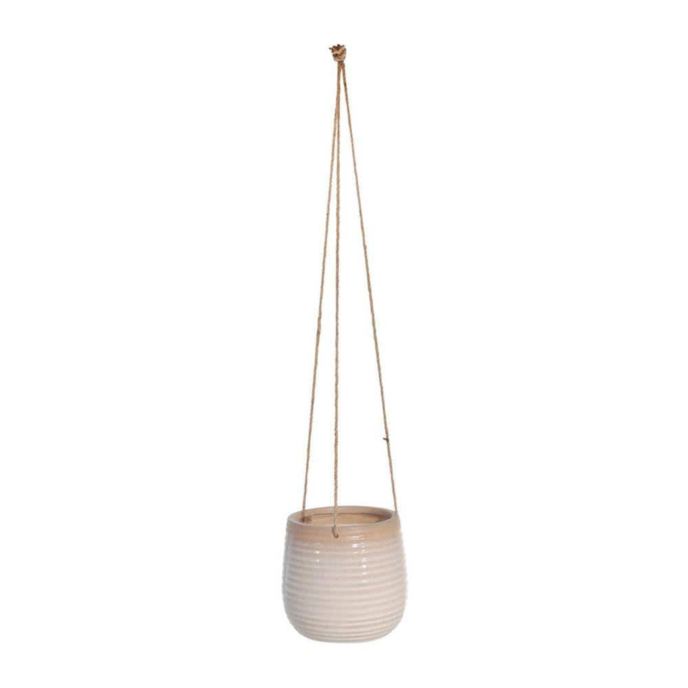 Benjara 7 in. x 6.5 in. Beige Hanging Planter with Ceramic Body and Textured Details BM263810