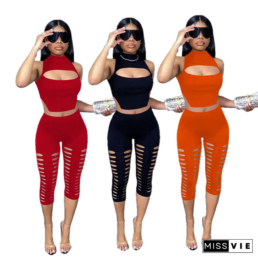 Hollow Out Sleeveless Crop Top Hole Pants Set