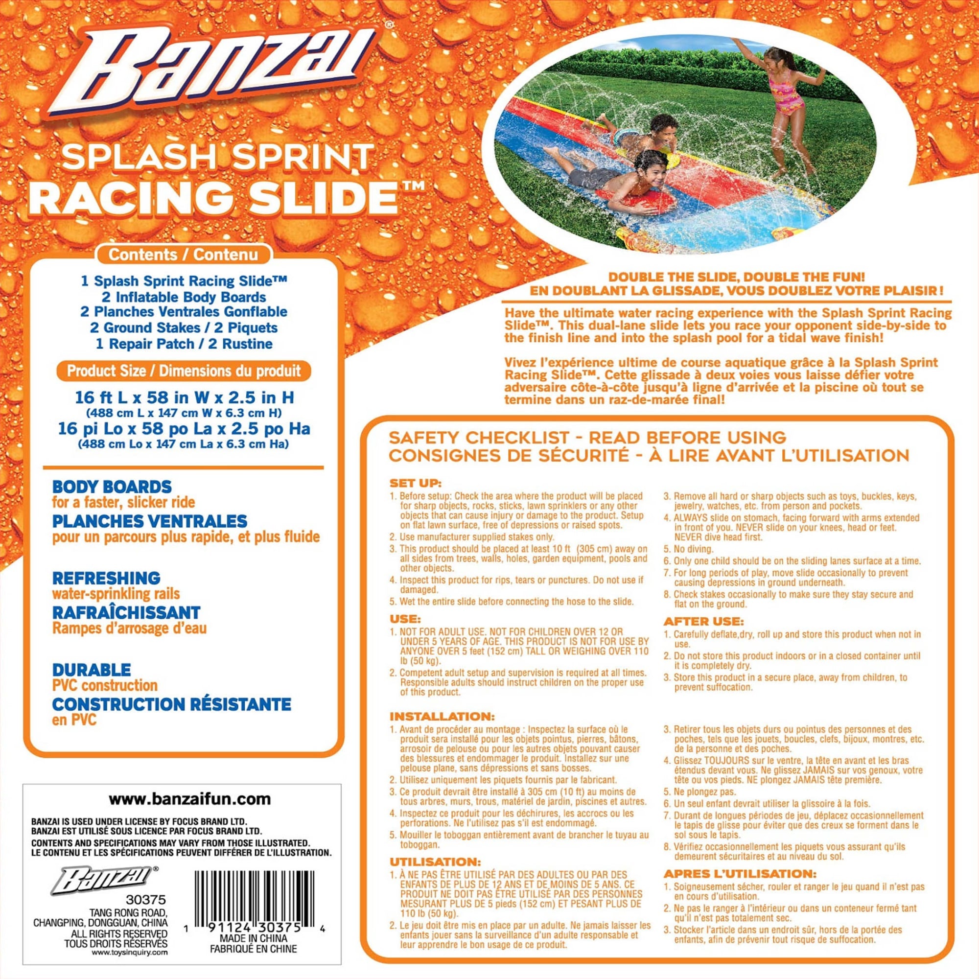 Banzai 16' Splash Sprint Racing Slide w/ 2 Bodyboards