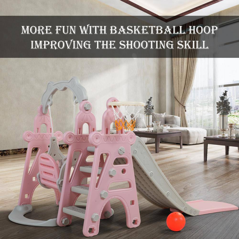 Nyeekoy 3-in-1 Kids Slide and Swing Set Toddler Climber Playset Indoor Outdoor Playground Pink and Grey TH17G0755-T01