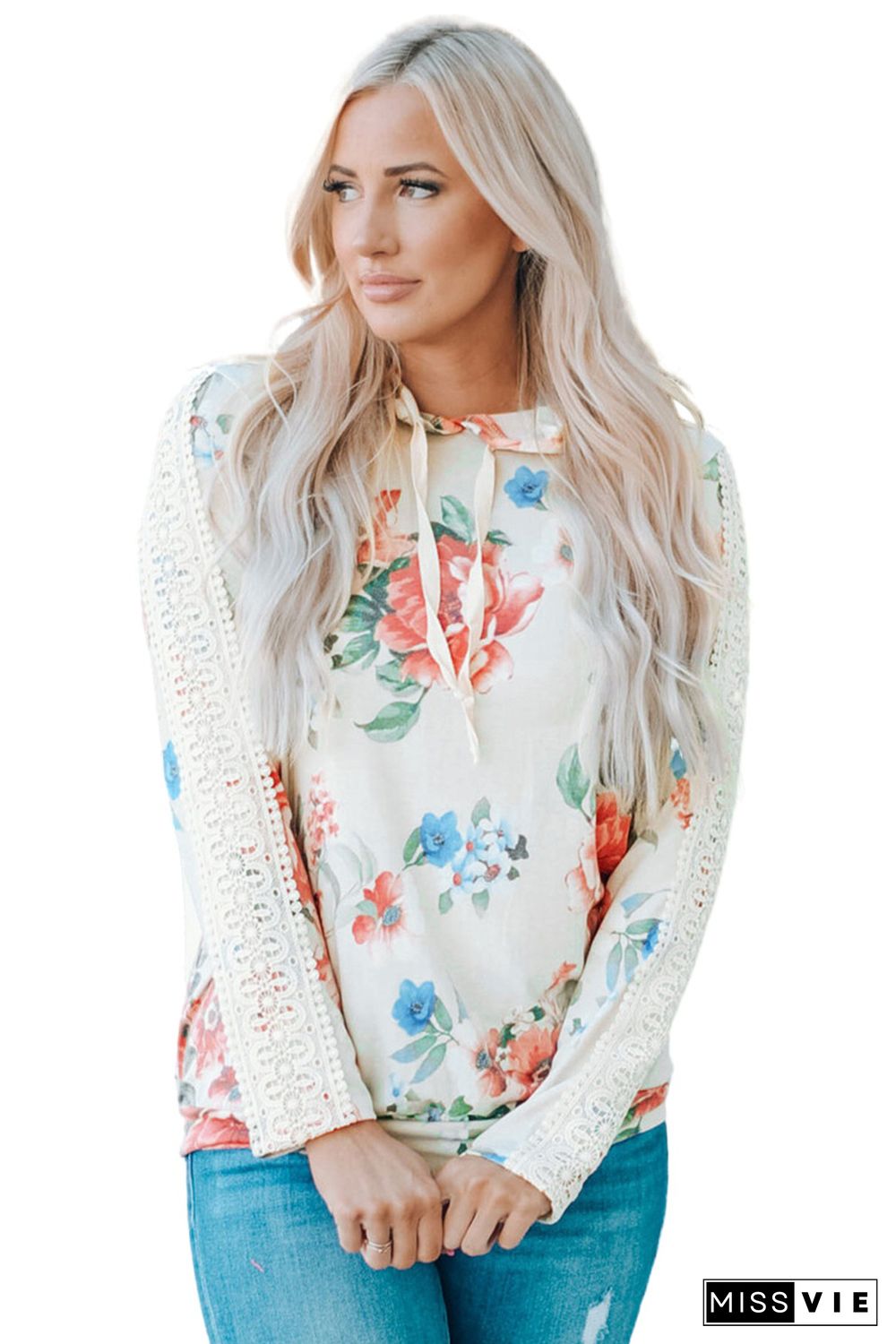 Apricot Floral Print Lace Contrast Long Sleeve Hoodie