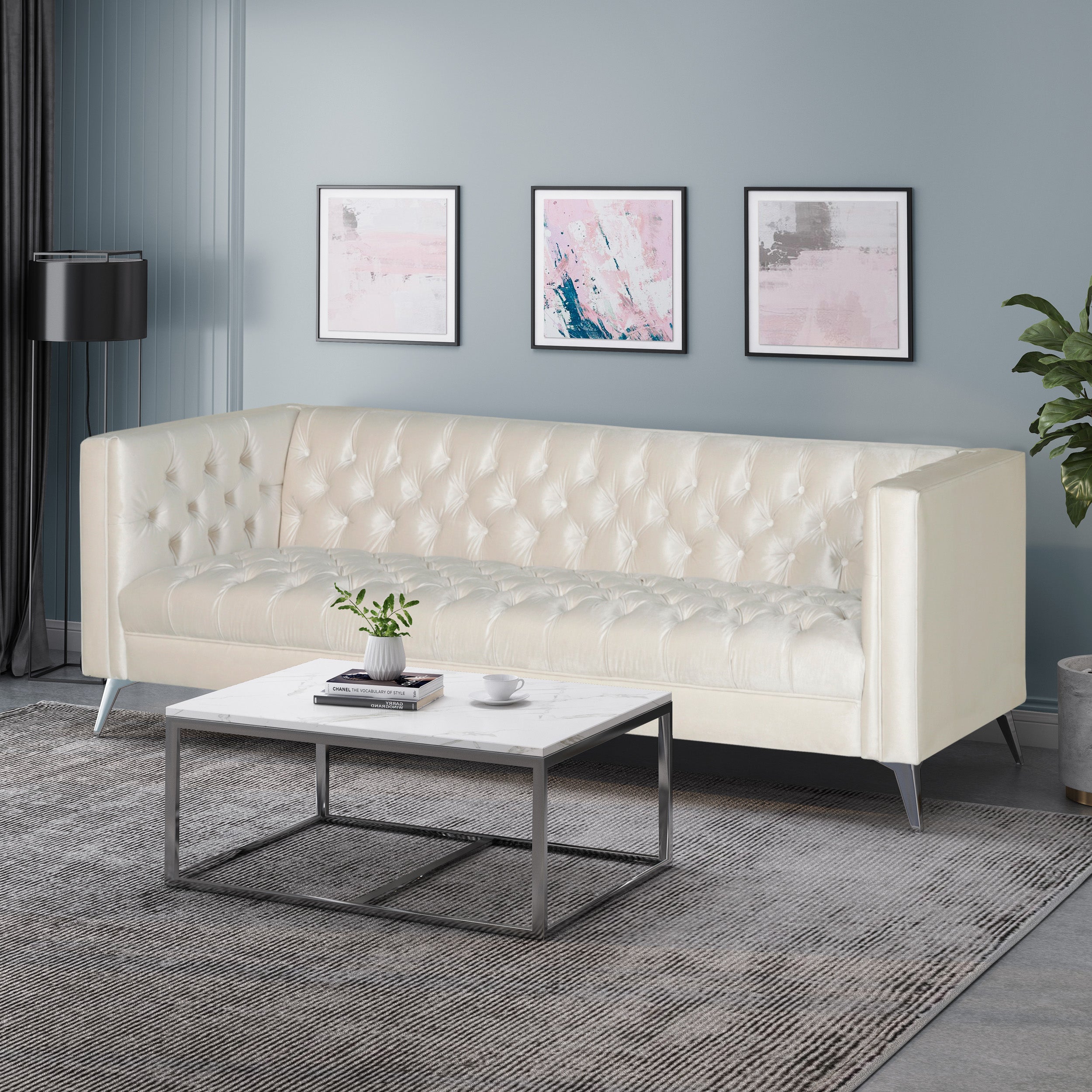 Harnoor Contemporary Tufted Velvet 3 Seater Sofa