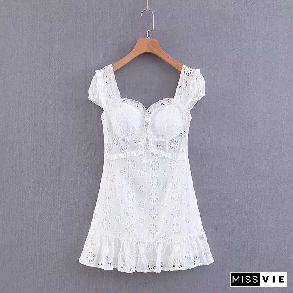 Elegant Criss Cross White Lace Eyelet Dress Puff Sleeve