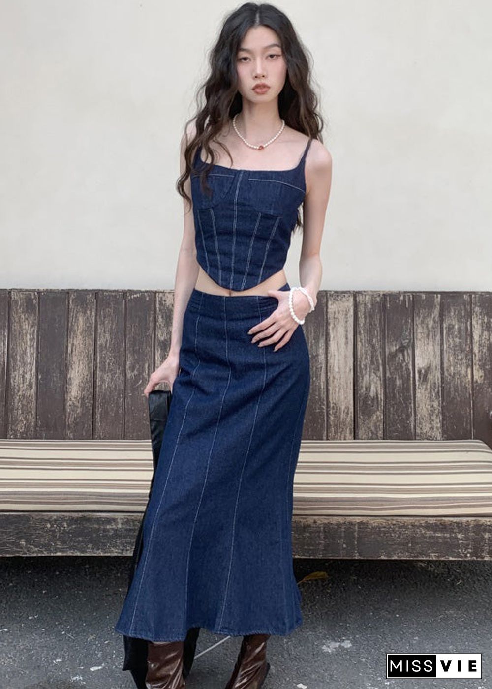 Women Navy Slim Fit Patchwork Denim Tops And Skirts Two Pieces Set Summer