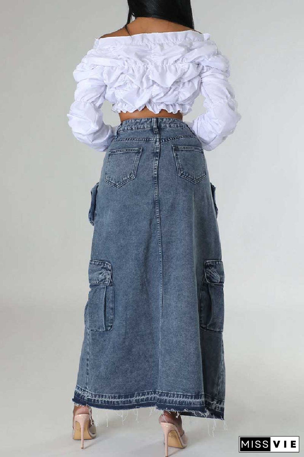 Deep Blue Casual Solid Patchwork Slit High Waist Regular Denim Skirts