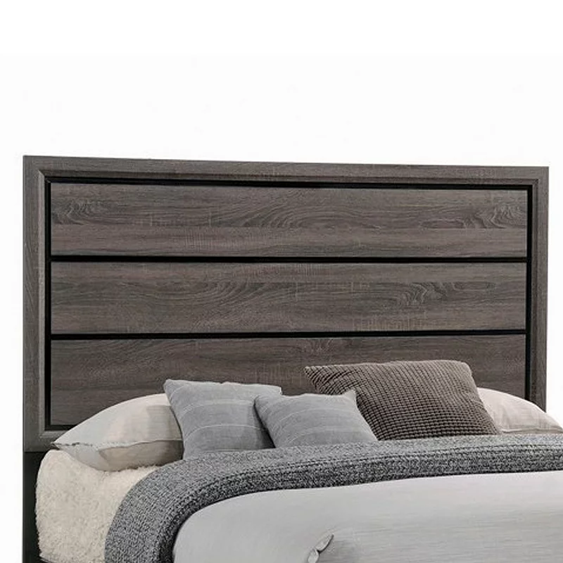 Transitional Queen Bed with Plank Panel Headboard and Low Footboard， Gray