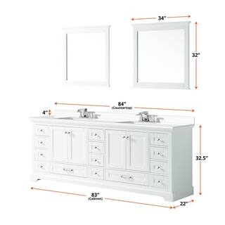 Lexora Dukes 84 in. W x 22 in. D White Double Bath Vanity White Quartz Top and 34 in. Mirrors LD342284DAWQM34