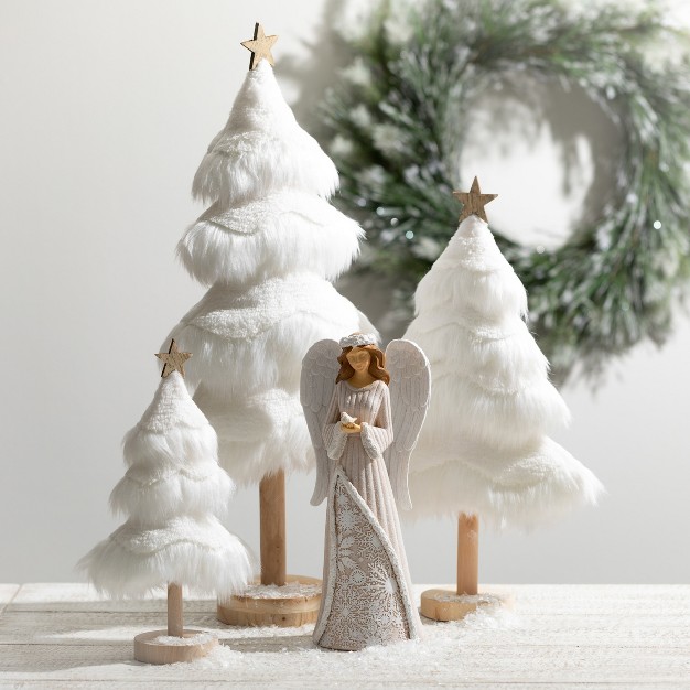 Faux Fur Tabletop Tree White 24 quot h Wood Set Of 3