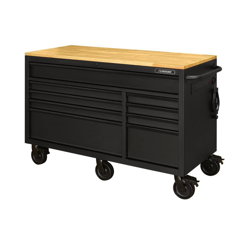  Husky 56 in. W x 24.5 in. D Heavy Duty 9-Drawer Mobile Workbench Tool Chest with Solid Hardwood Work Top in Matte Black HOTC5609BB1M