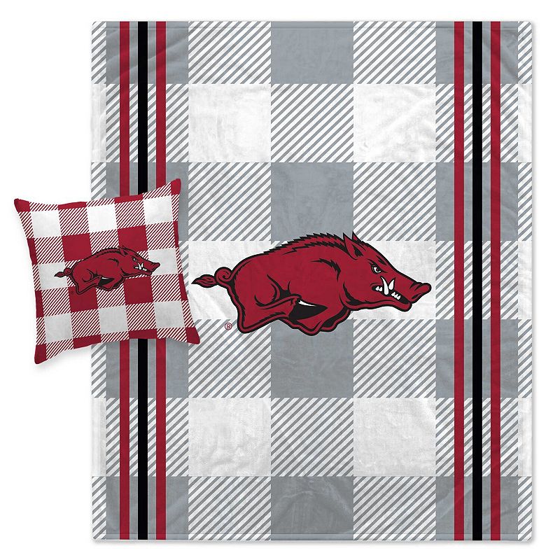 Pegasus Arkansas Razorbacks Gray Plaid Stripes Blanket and Pillow Combo Set