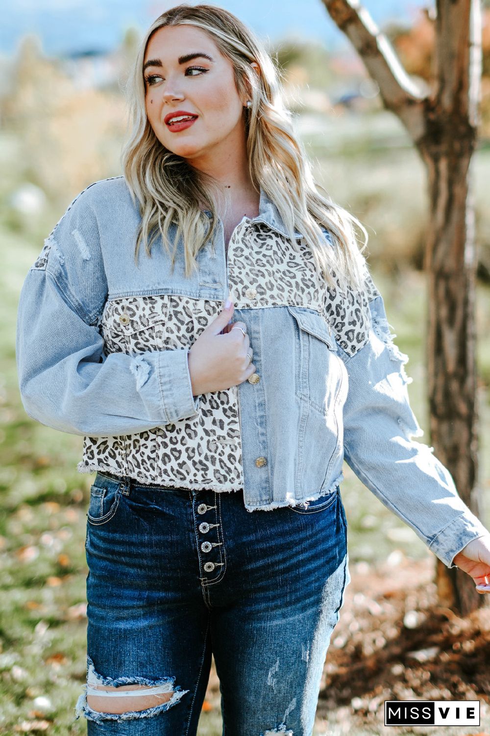 Sky Blue Plus Size Leopard Ripped Cropped Denim Jacket