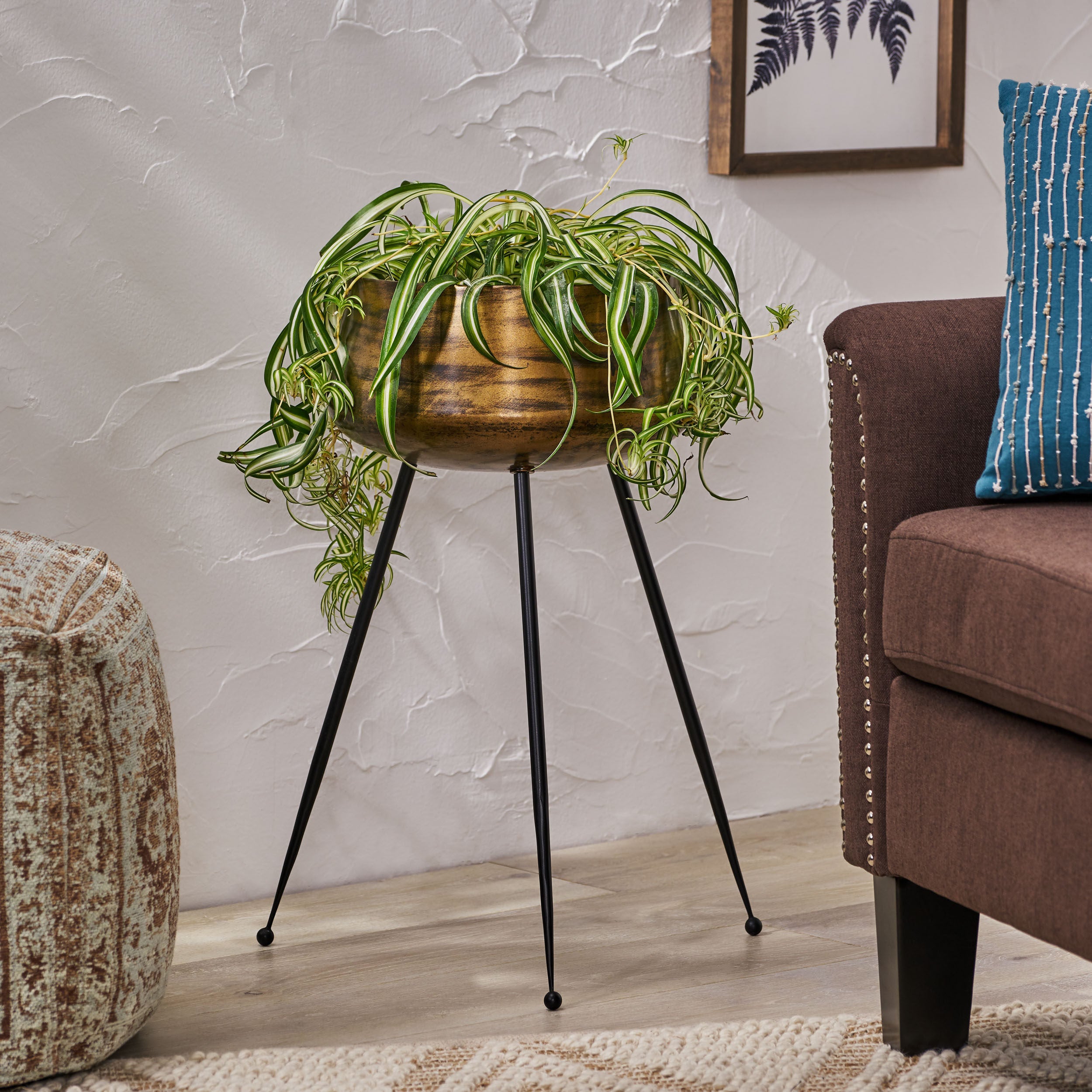 Dilan Boho Glam Handcrafted Tripod Planter, Antique Brass and Black